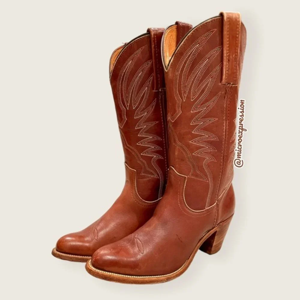 1990s VINTAGE Frye Billy Pull-On Cognac Leather Embroidered Festival Cowboy Boot